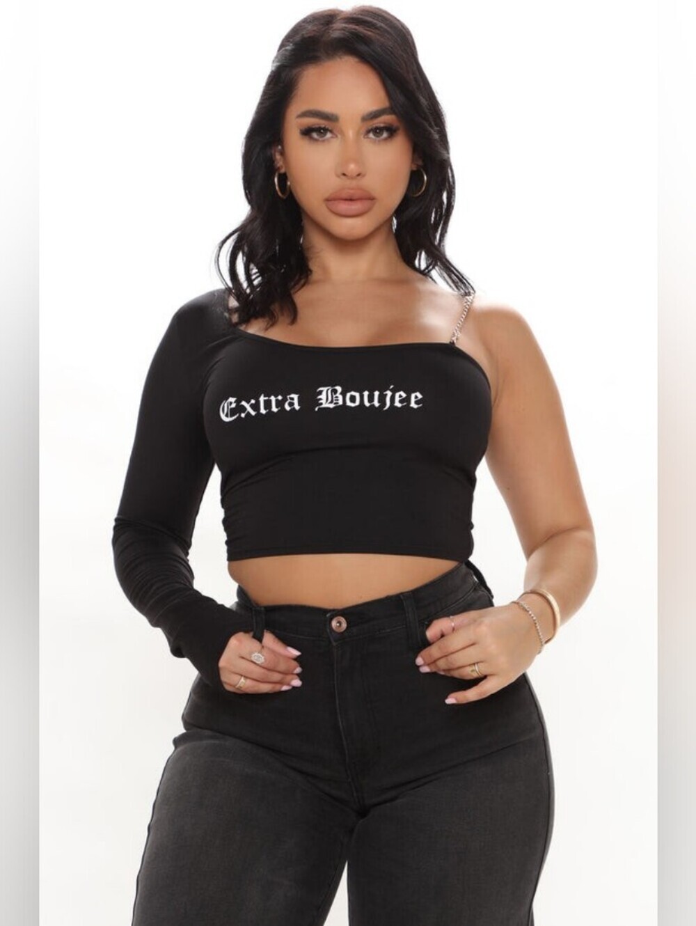 NEW! Extra Boujee One-Shoulder Black Crop Top